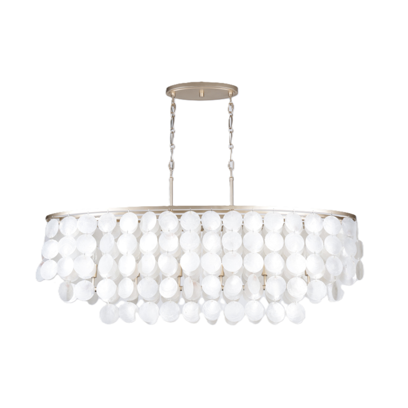 White capiz shell linear chandelier with cascading round shell discs and champagne-finished metal frame.