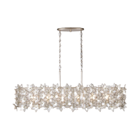 White capiz shell flower linear chandelier with layered pearlescent petals and champagne-finished metal frame.
