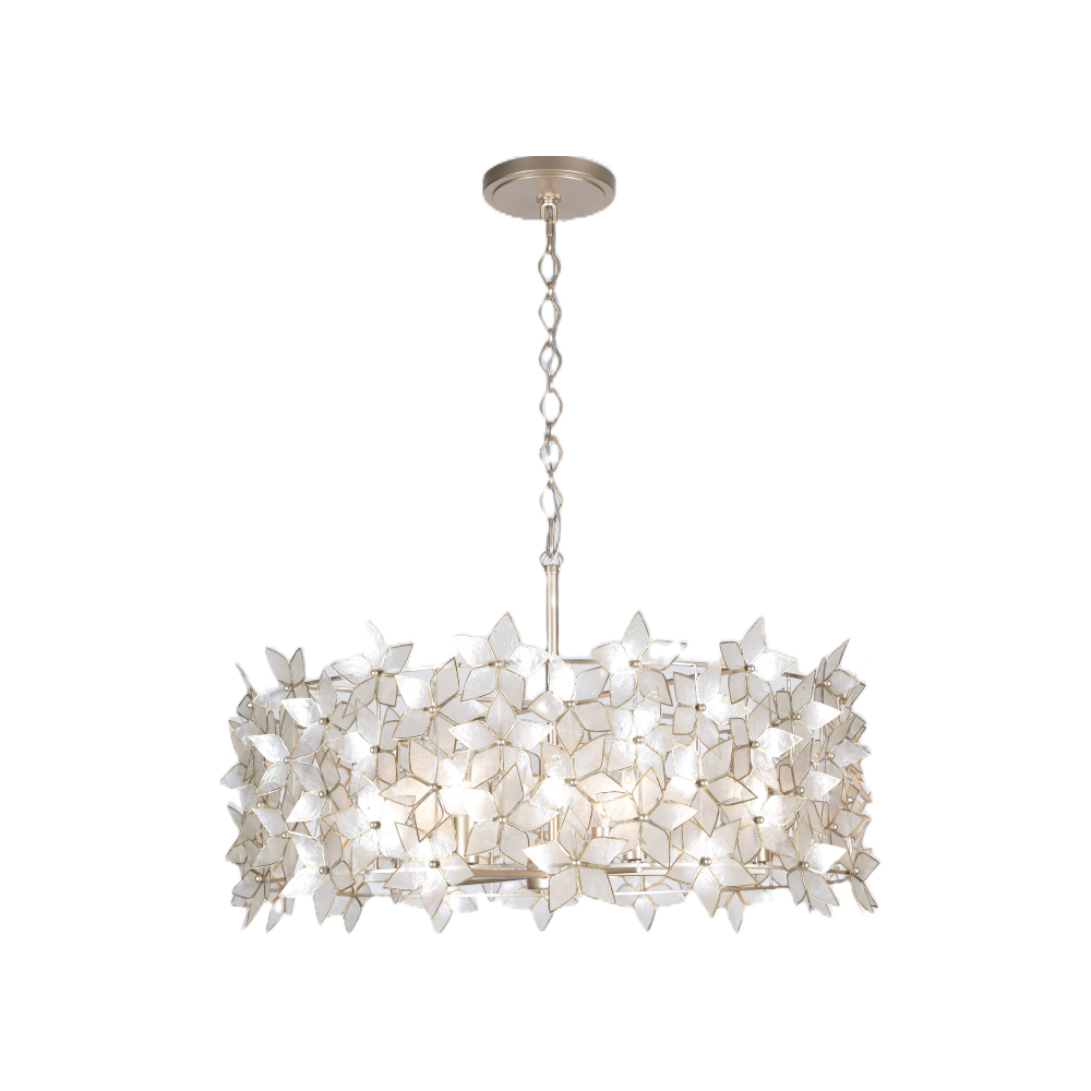 White capiz shell flower chandelier with layered pearlescent petals and champagne-finished metal frame.