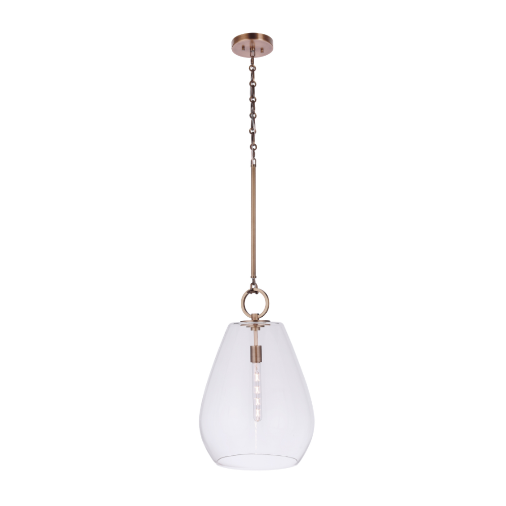 Modern clear glass pendant light with an oversized teardrop glass shade, brushed brass finish, decorative ring detail, and exposed Edison-style bulb.