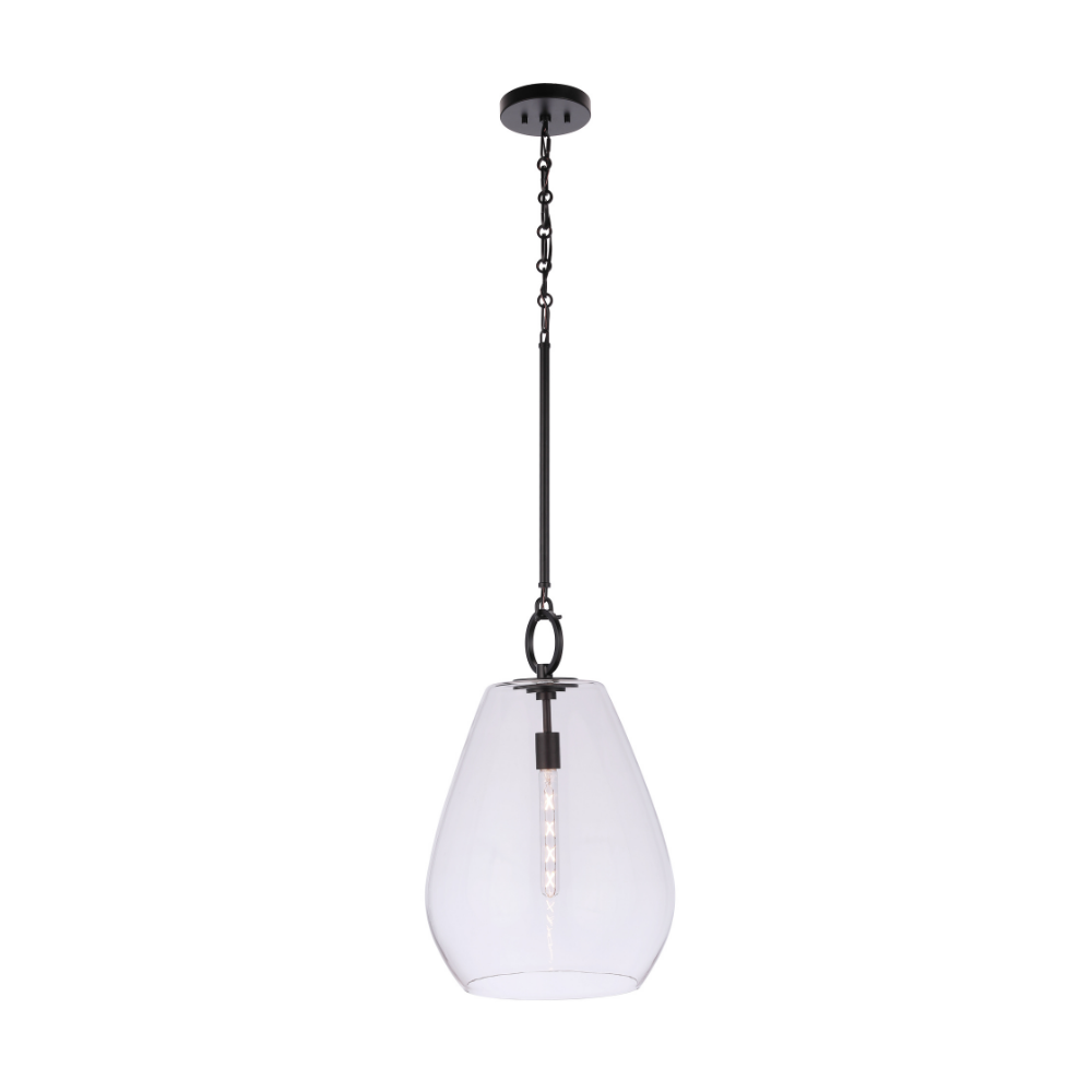 Modern clear glass pendant light with an oversized teardrop glass shade, matte black finish, decorative ring detail, and exposed Edison-style bulb.