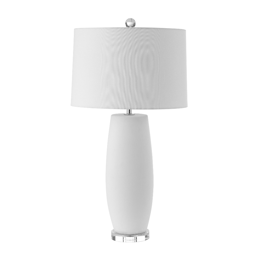 Ceramic table lamp with glossy soft-neutral ceramic base, clear acrylic foot, and white drum shade