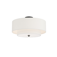 White two-tier fabric drum semi-flush mount ceiling light with matte black accents