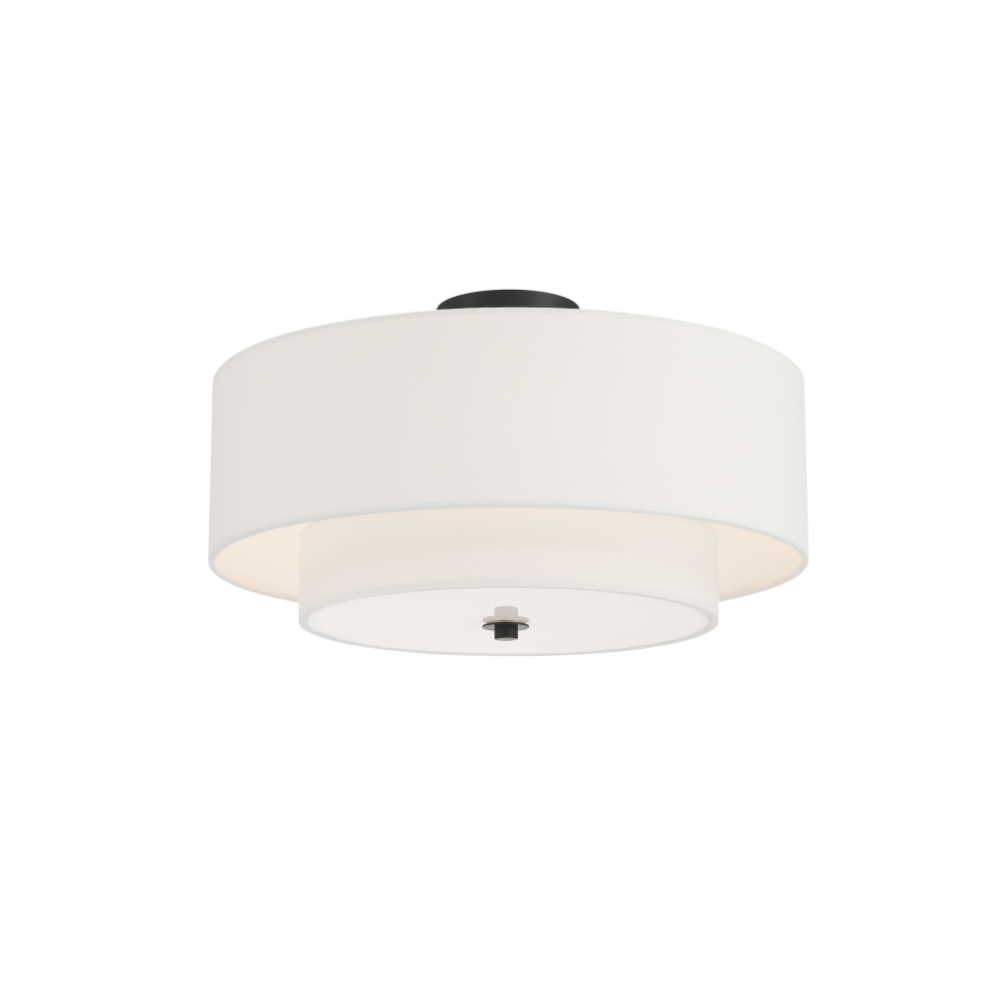White two-tier fabric drum semi-flush mount ceiling light with matte black accents