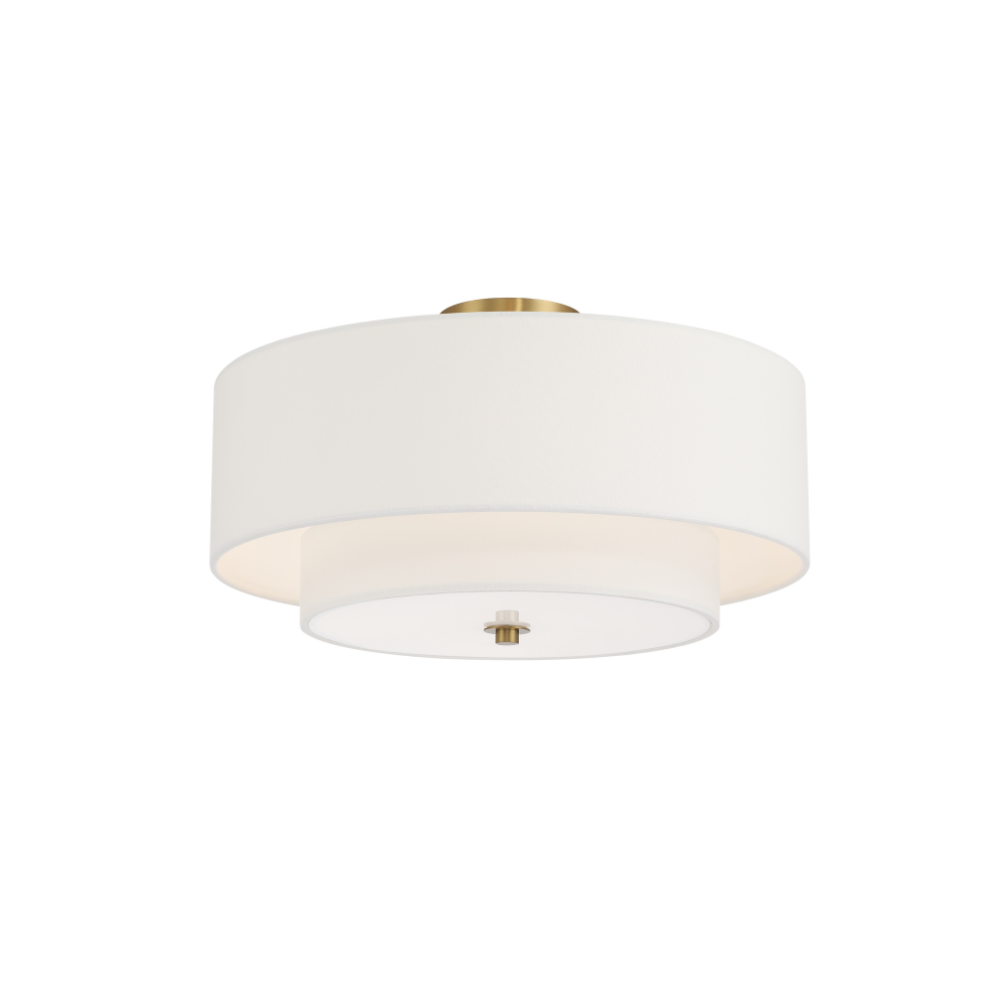 White two-tier fabric drum semi-flush mount ceiling light with warm brass accents