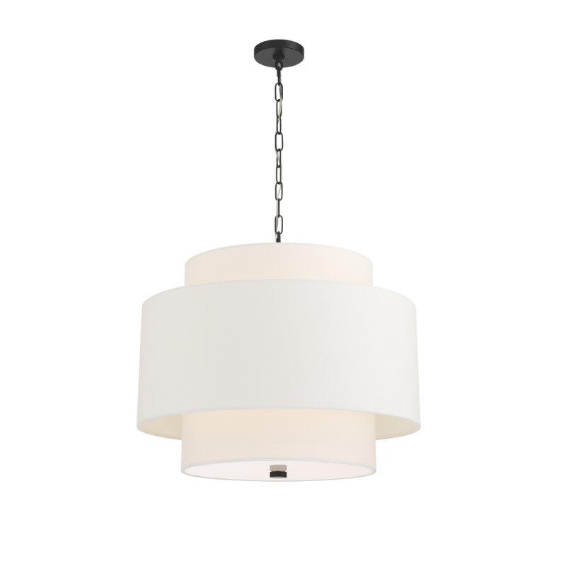 Tiered white fabric drum pendant light with matte black chain and ceiling canopy