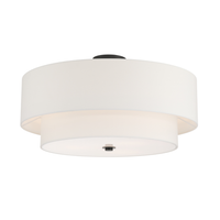 Tiered white fabric drum pendant light with matte black chain and ceiling canopy