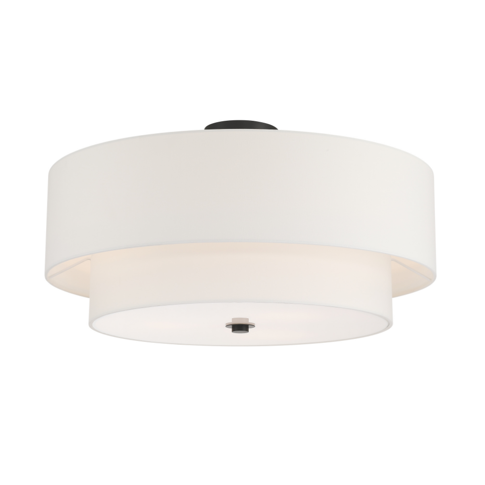 Tiered white fabric drum pendant light with matte black chain and ceiling canopy