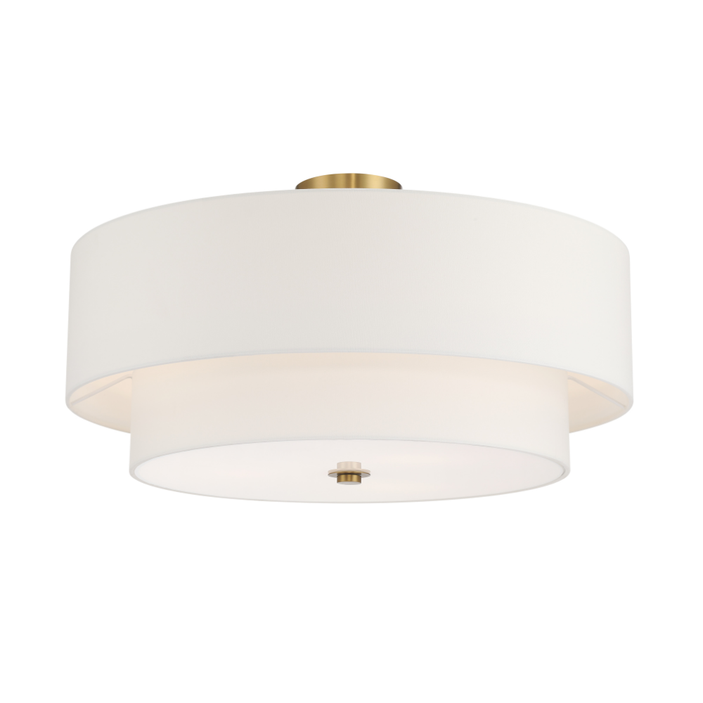 White two-tier fabric drum semi-flush mount ceiling light with warm brass accents