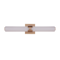 Modern integrated LED linear vanity light featuring an antique brass finish metal backplate with a slim white glass diffuser for contemporary bathroom lighting.