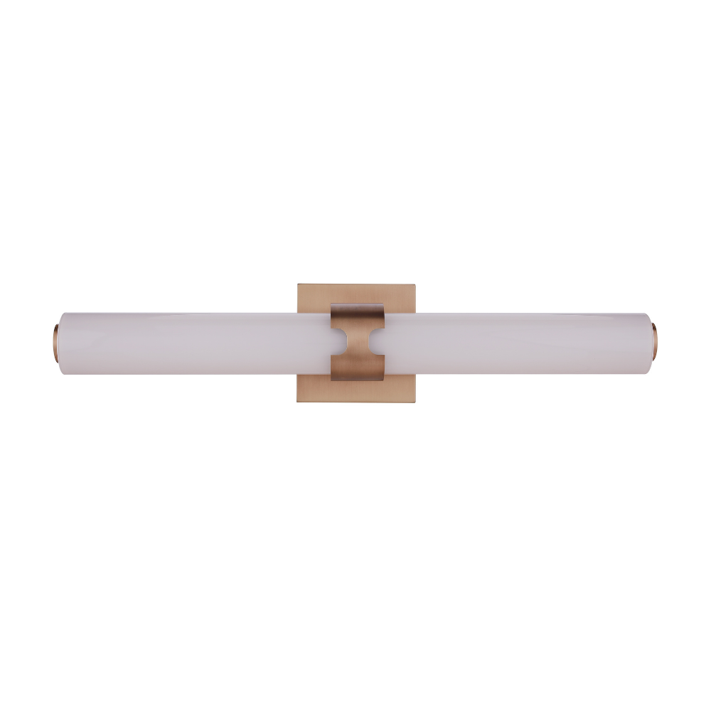 Modern integrated LED linear vanity light featuring an antique brass finish metal backplate with a slim white glass diffuser for contemporary bathroom lighting.