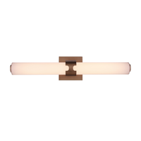 Modern integrated LED linear vanity light featuring an antique brass finish metal backplate with a slim white glass diffuser for contemporary bathroom lighting.