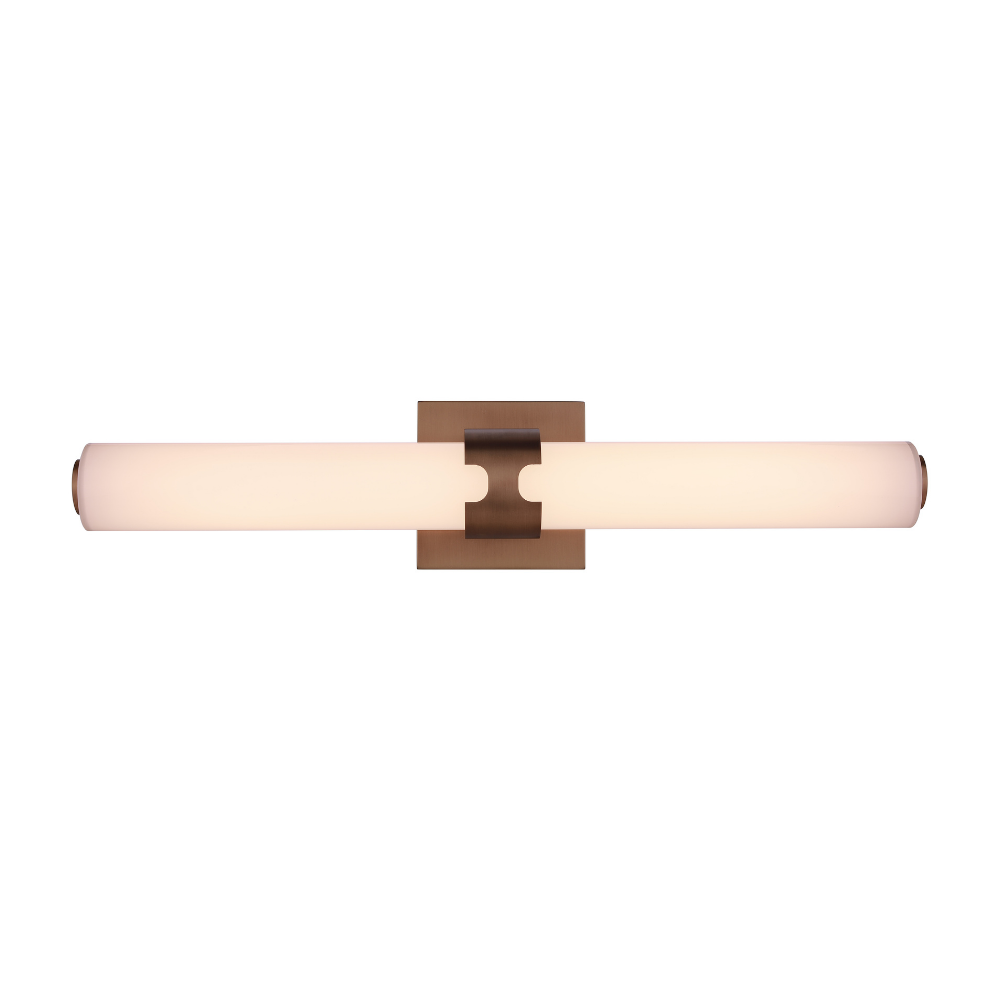 Modern integrated LED linear vanity light featuring an antique brass finish metal backplate with a slim white glass diffuser for contemporary bathroom lighting.