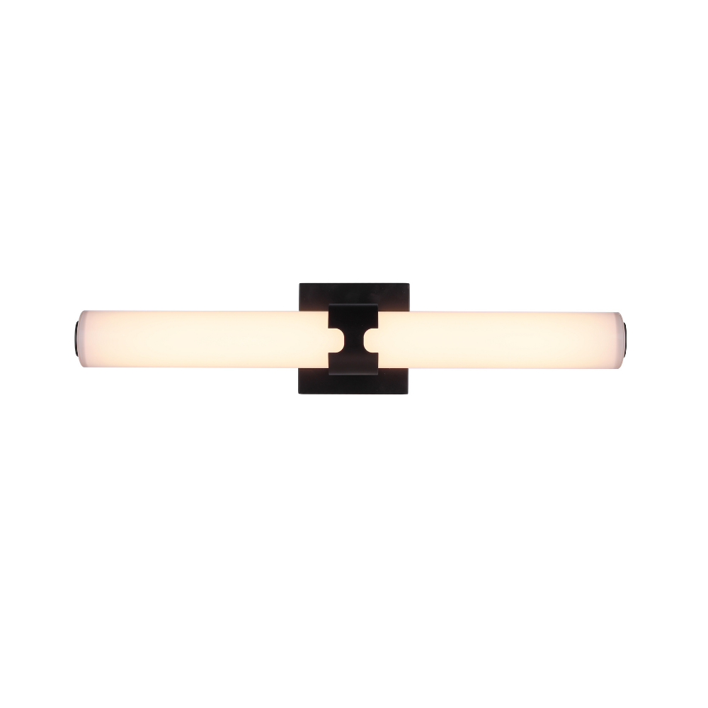 Modern integrated LED linear vanity light featuring a matte black metal backplate with a slim owhite glass diffuser for contemporary bathroom lighting.