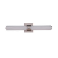 Modern integrated LED linear vanity light featuring a satin nickel metal backplate with a slim white glass diffuser for contemporary bathroom lighting.
