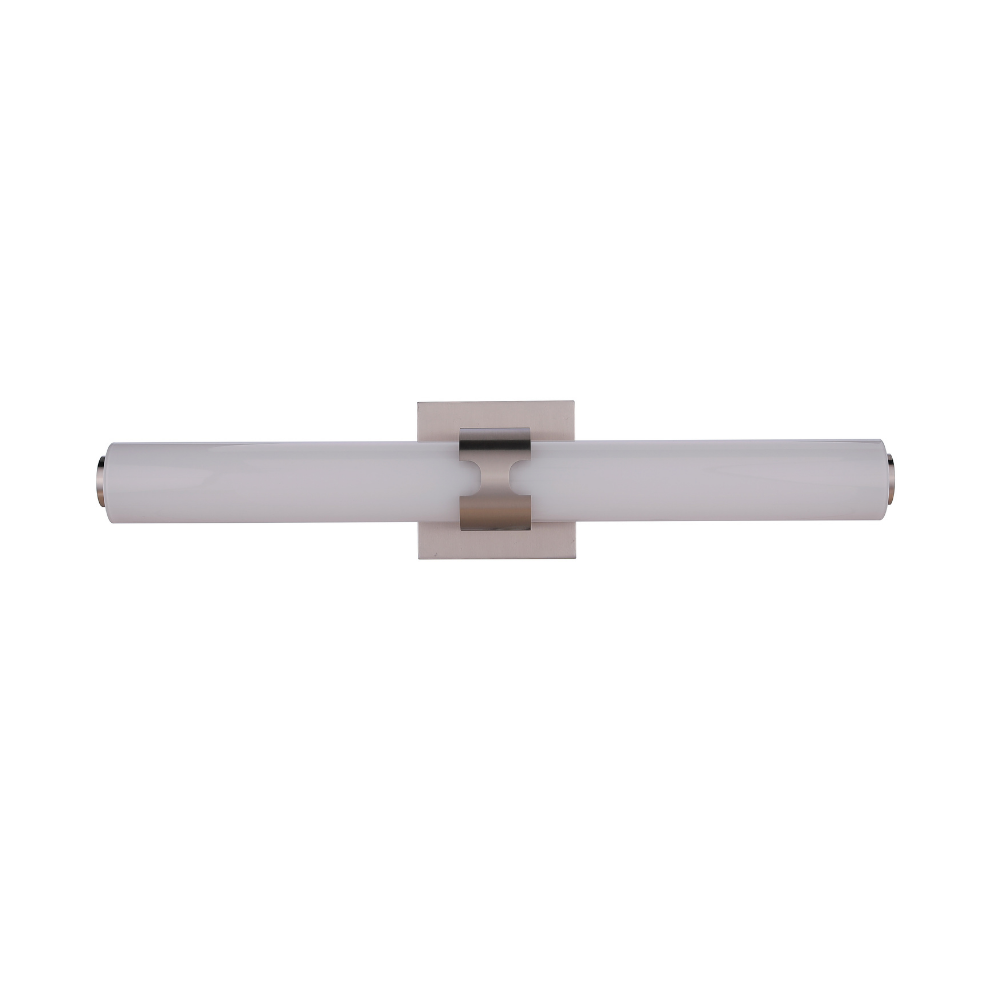Modern integrated LED linear vanity light featuring a satin nickel metal backplate with a slim white glass diffuser for contemporary bathroom lighting.