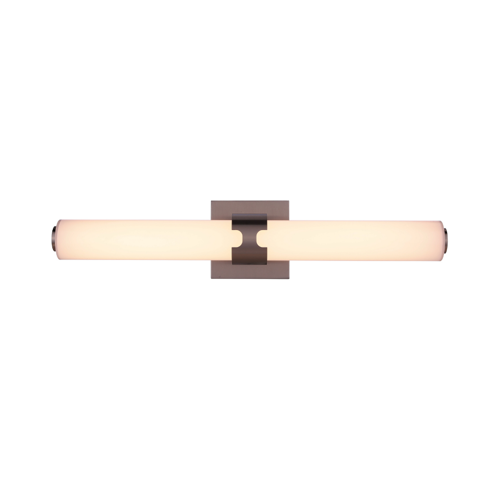 Modern integrated LED linear vanity light featuring a satin nickel metal backplate with a slim white glass diffuser for contemporary bathroom lighting.