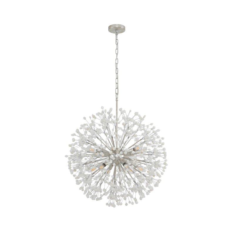 12-light showstopper pendant chandelier with alabaster accents and soft metallic finish, featuring a sculptural floral-inspired design
