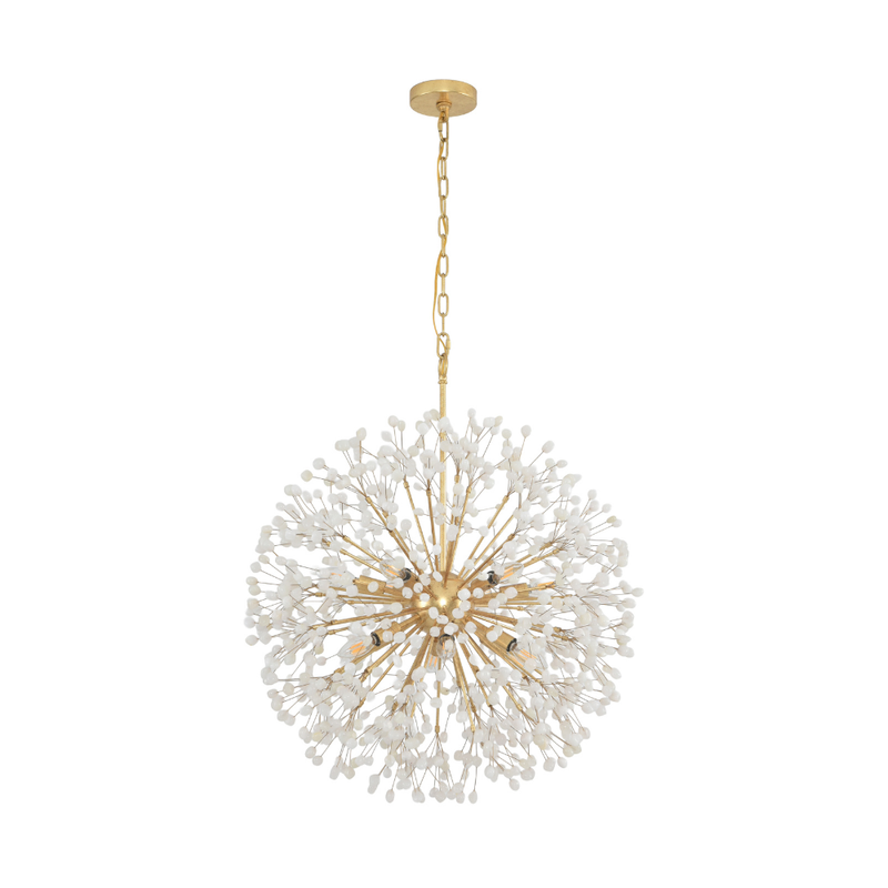 12-light showstopper pendant chandelier with alabaster accents and soft metallic finish, featuring a sculptural floral-inspired design