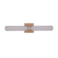 Modern integrated LED linear vanity light featuring an antique brass finish metal backplate with a slim white glass diffuser for contemporary bathroom lighting.