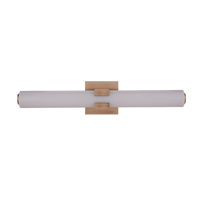 Modern integrated LED linear vanity light featuring an antique brass finish metal backplate with a slim white glass diffuser for contemporary bathroom lighting.