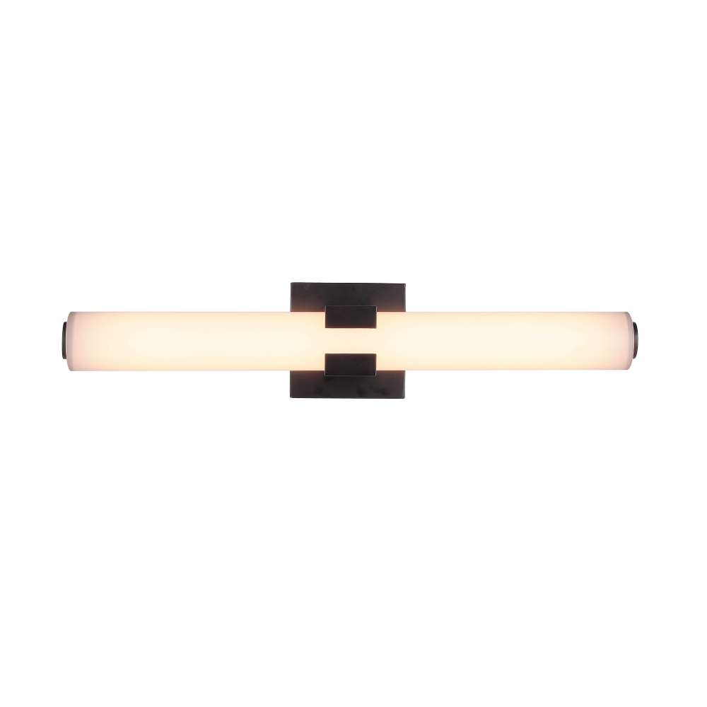 Modern integrated LED linear vanity light featuring a matte black metal backplate with a slim white glass diffuser for contemporary bathroom lighting.