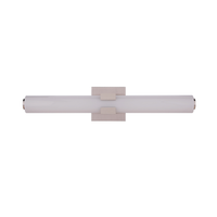 Modern integrated LED linear vanity light featuring a satin nickel metal backplate with a slim white glass diffuser for contemporary bathroom lighting.