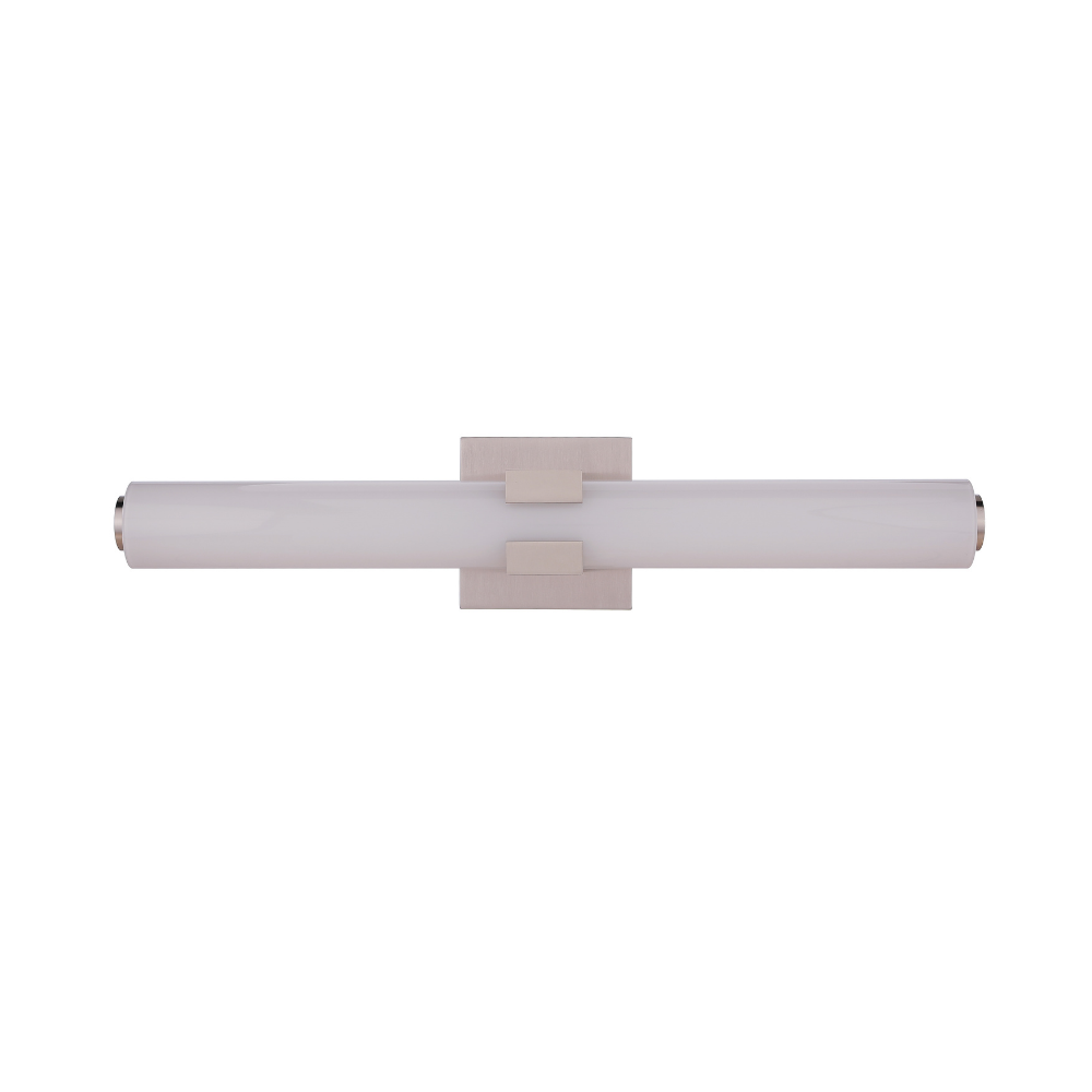 Modern integrated LED linear vanity light featuring a satin nickel metal backplate with a slim white glass diffuser for contemporary bathroom lighting.