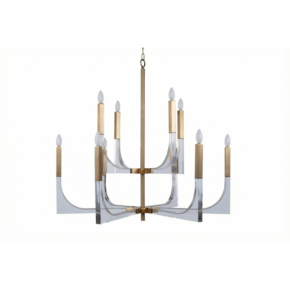 Modern chandelier featuring clear acrylic curved arms, brushed brass candle sleeves, and elegant candle-style lights in a contemporary luxury design.