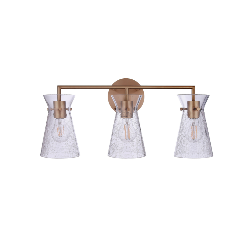 Modern 3-light bathroom vanity light featuring antique brass finish metal construction with artisan clear crackled glass shades and a contemporary horizontal design.