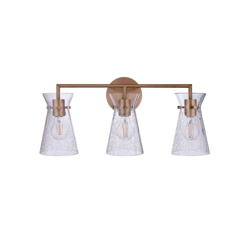 Modern 3-light bathroom vanity light featuring antique brass finish metal construction with artisan clear crackled glass shades and a contemporary horizontal design.