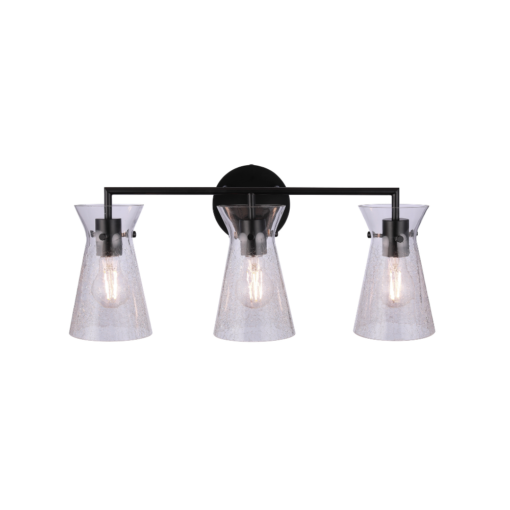 Modern 3-light bathroom vanity light featuring black metal construction with artisan clear crackled glass shades and a contemporary horizontal design.