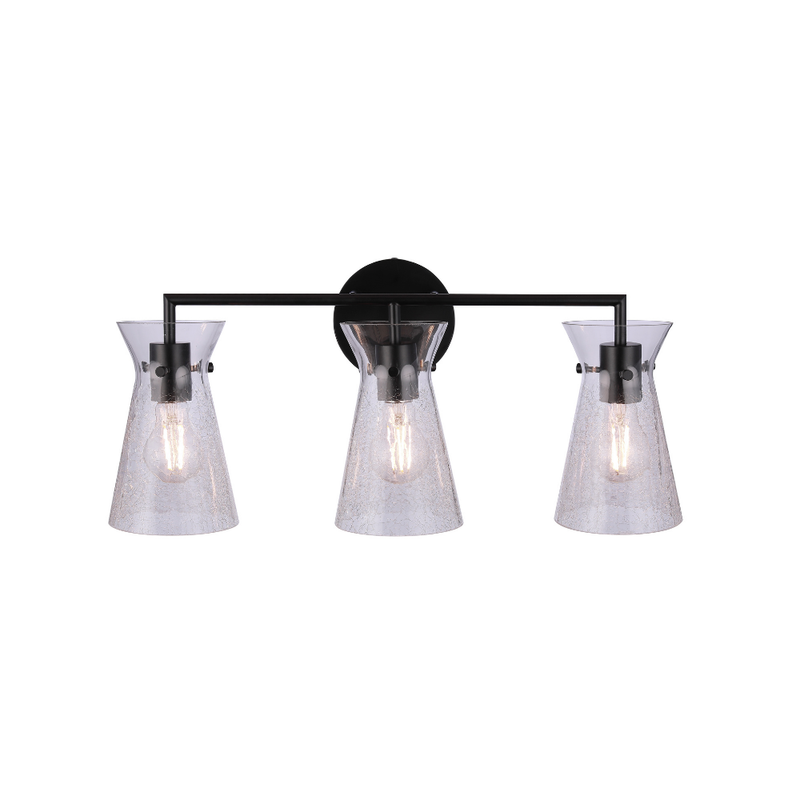Modern 3-light bathroom vanity light featuring black metal construction with artisan clear crackled glass shades and a contemporary horizontal design.