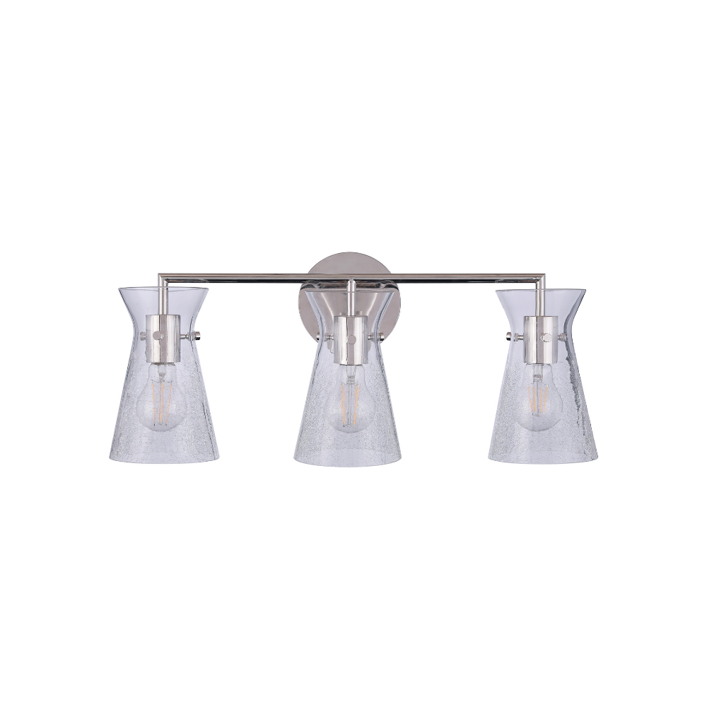 Modern 3-light bathroom vanity light featuring polished nickel metal construction with artisan clear crackled glass shades and a contemporary horizontal design.
