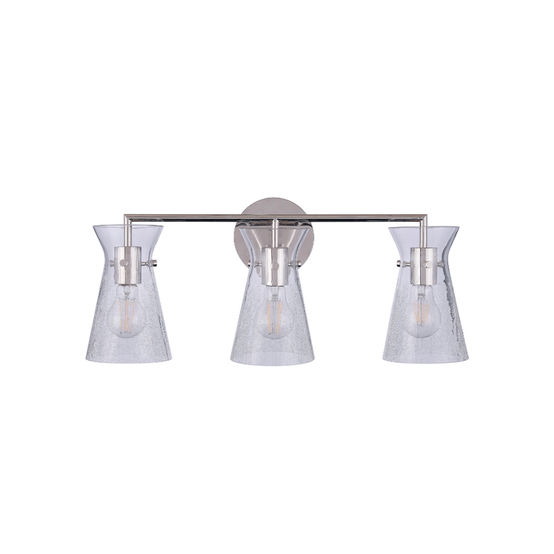 Modern 3-light bathroom vanity light featuring polished nickel metal construction with artisan clear crackled glass shades and a contemporary horizontal design.