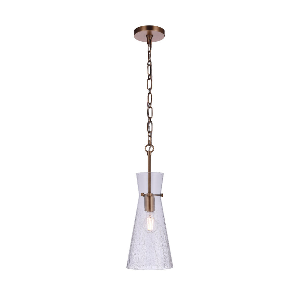 Modern pendant light featuring a handcrafted crackled glass shade, antique brass finished hardware, chain suspension, and exposed Edison-style bulb.