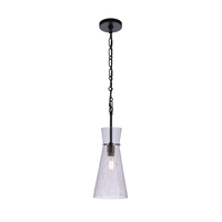 Modern pendant light featuring a handcrafted crackled glass shade, matte black hardware, chain suspension, and exposed Edison-style bulb.