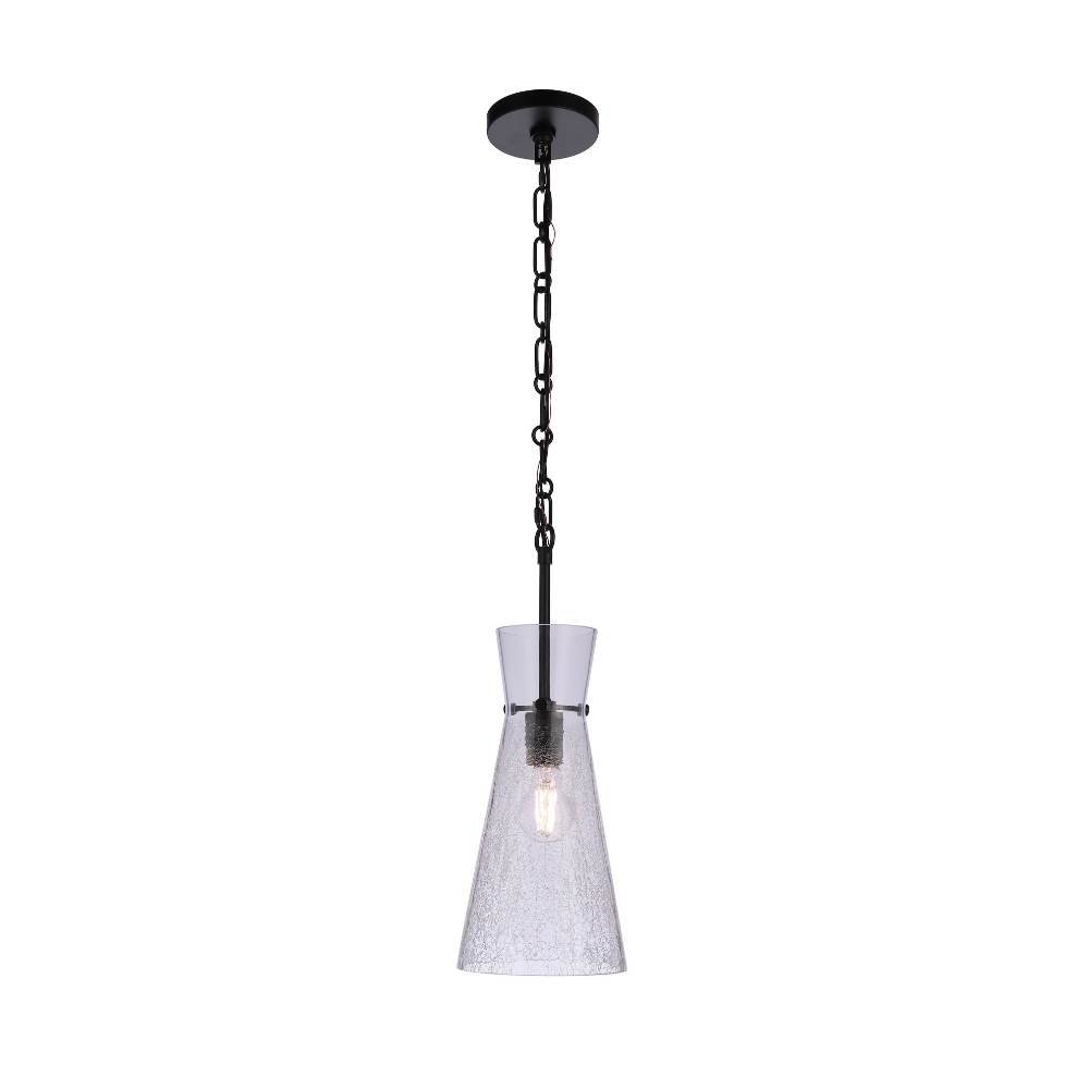 Modern pendant light featuring a handcrafted crackled glass shade, matte black hardware, chain suspension, and exposed Edison-style bulb.