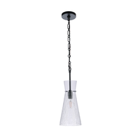 Modern pendant light featuring a handcrafted crackled glass shade, matte black hardware, chain suspension, and exposed Edison-style bulb.