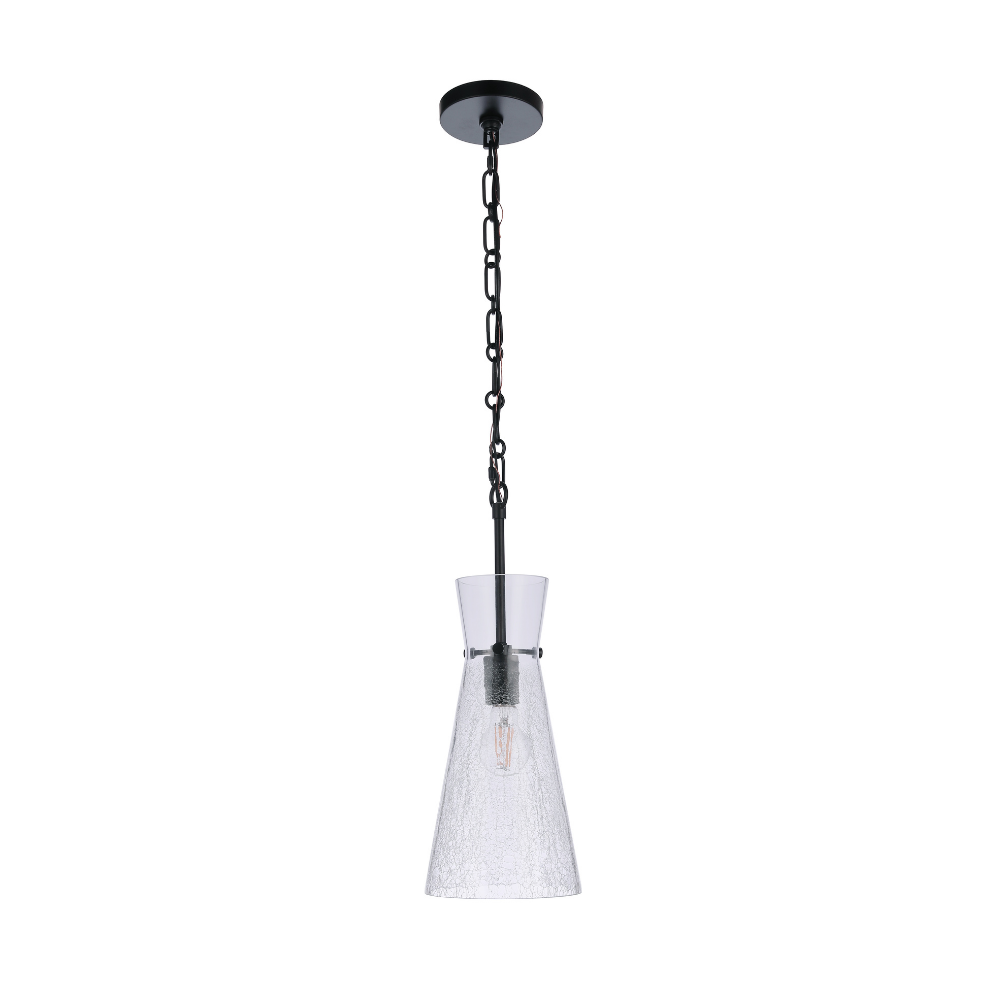 Modern pendant light featuring a handcrafted crackled glass shade, matte black hardware, chain suspension, and exposed Edison-style bulb.