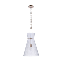 Modern pendant light featuring an oversized handcrafted crackled glass shade, antique brass finished hardware, chain suspension, and exposed Edison-style bulb.