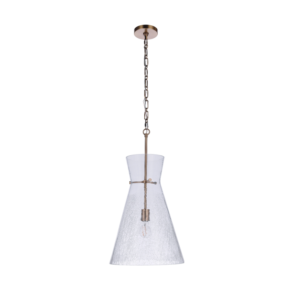 Modern pendant light featuring an oversized handcrafted crackled glass shade, antique brass finished hardware, chain suspension, and exposed Edison-style bulb.