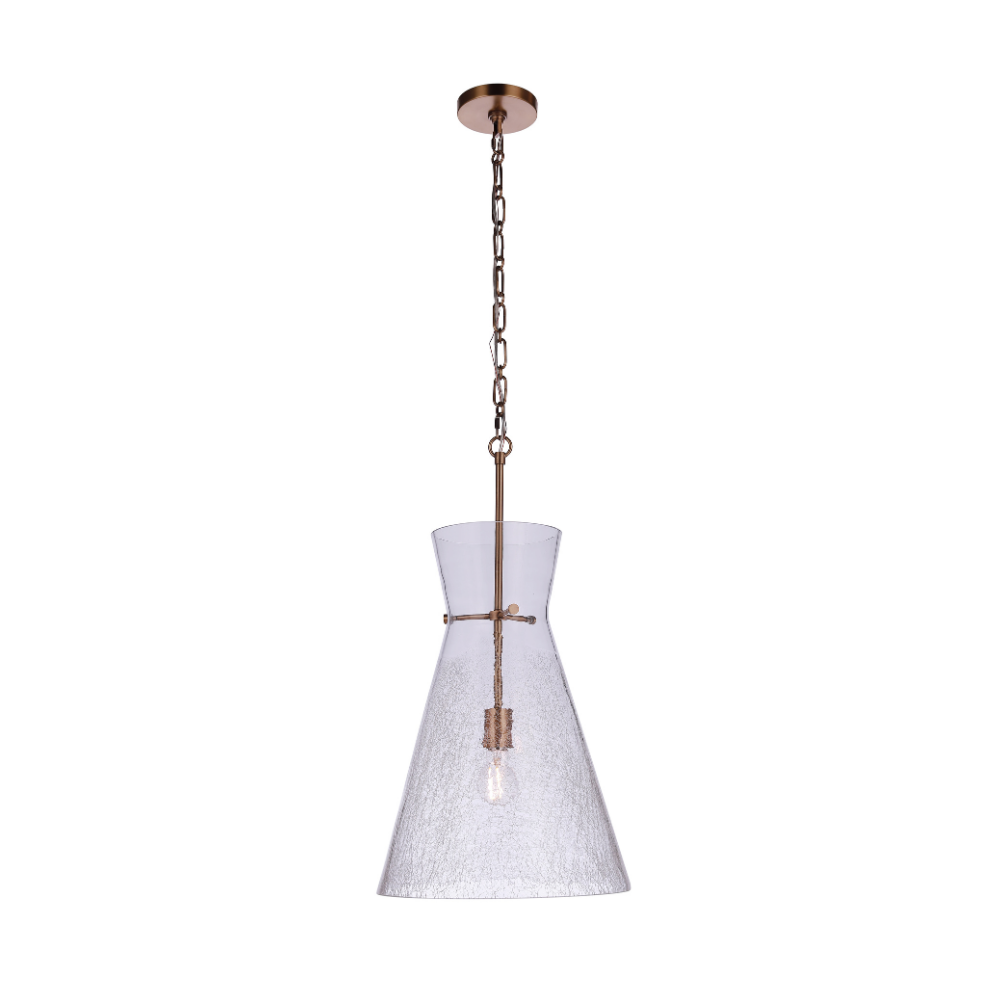 Modern pendant light featuring an oversized handcrafted crackled glass shade, antique brass finished hardware, chain suspension, and exposed Edison-style bulb.