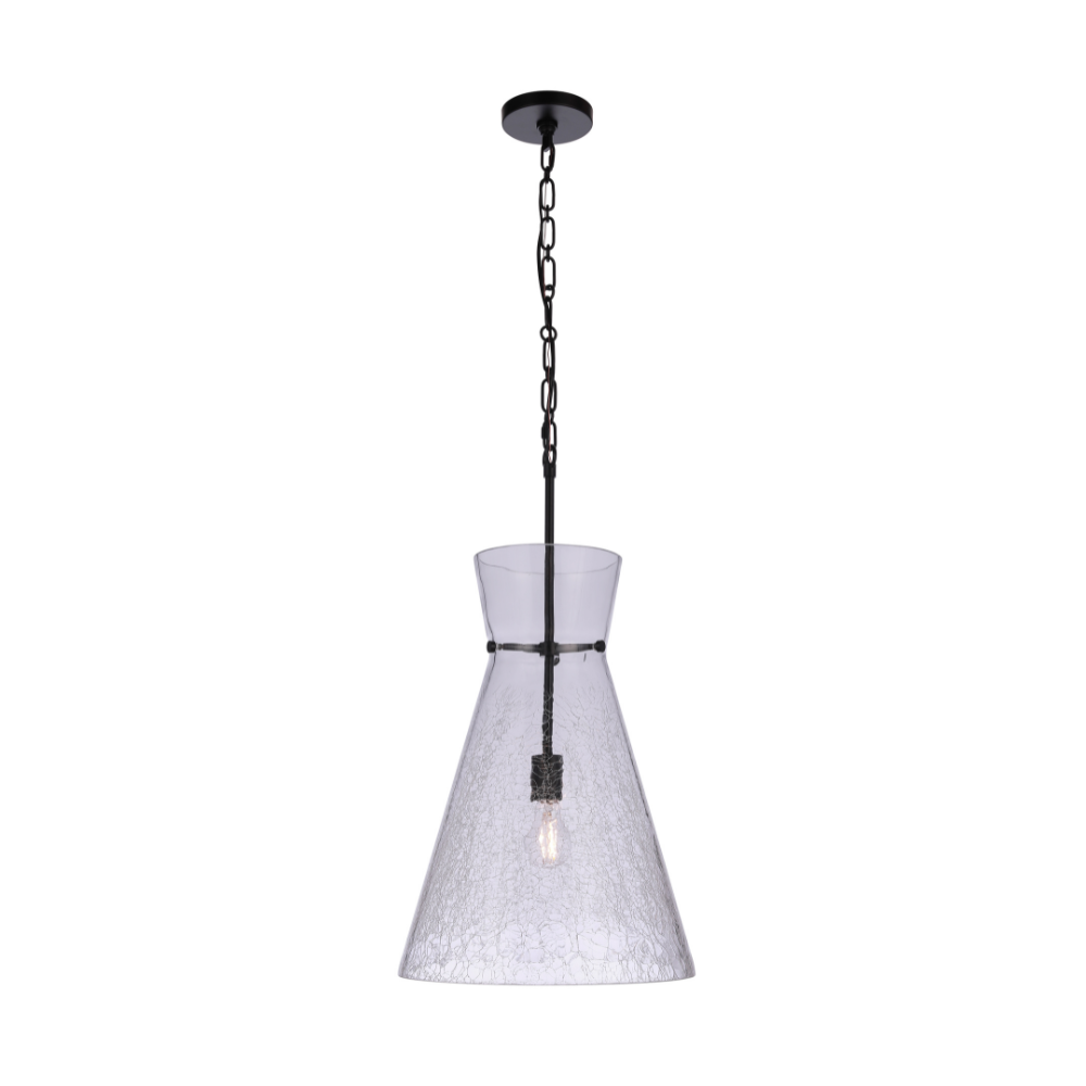 Modern pendant light featuring an oversized handcrafted crackled glass shade, matte black hardware, chain suspension, and exposed Edison-style bulb.