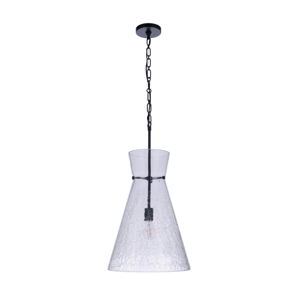 Modern pendant light featuring an oversized handcrafted crackled glass shade, matte black hardware, chain suspension, and exposed Edison-style bulb.