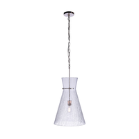 Modern pendant light featuring an oversized handcrafted crackled glass shade, polished nickel finished hardware, chain suspension, and exposed Edison-style bulb.