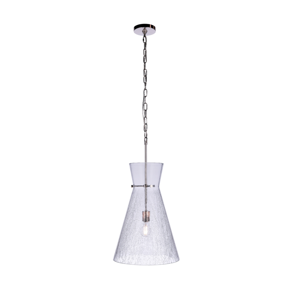 Modern pendant light featuring an oversized handcrafted crackled glass shade, polished nickel finished hardware, chain suspension, and exposed Edison-style bulb.