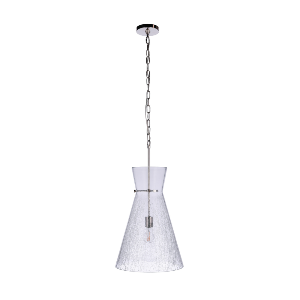 Modern pendant light featuring an oversized handcrafted crackled glass shade, polished nickel finished hardware, chain suspension, and exposed Edison-style bulb.
