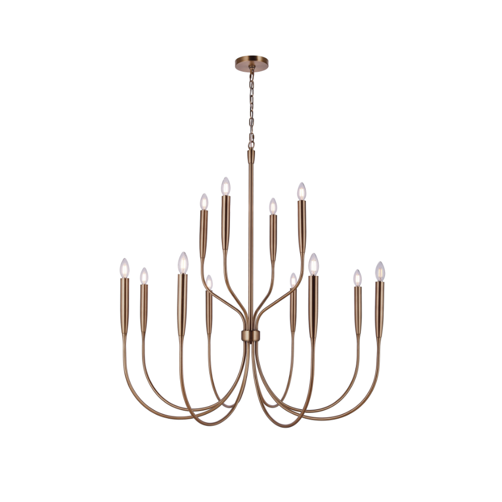 Modern 12-light antique brass finish iron chandelier with gracefully curved arms, candle-style lights, and a antique brass finish for dining rooms, foyers, and transitional interiors.
