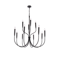 Modern 12-light black iron chandelier with gracefully curved arms, candle-style lights, and a matte black finish for dining rooms, foyers, and transitional interiors.